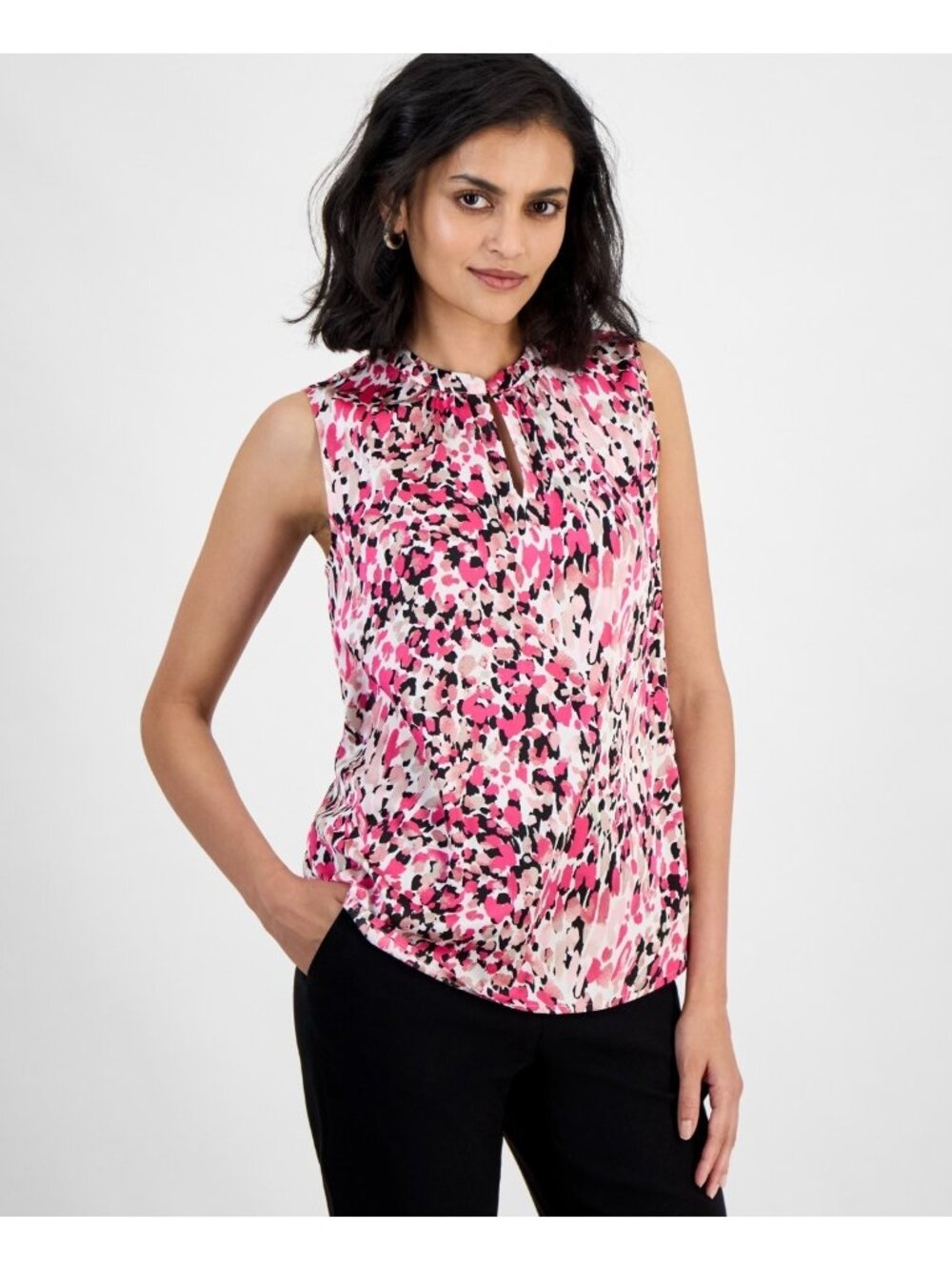 Kasper Women's Printed Satin Keyhole Sleeveless Blouse Pink Petite Size PL $59
